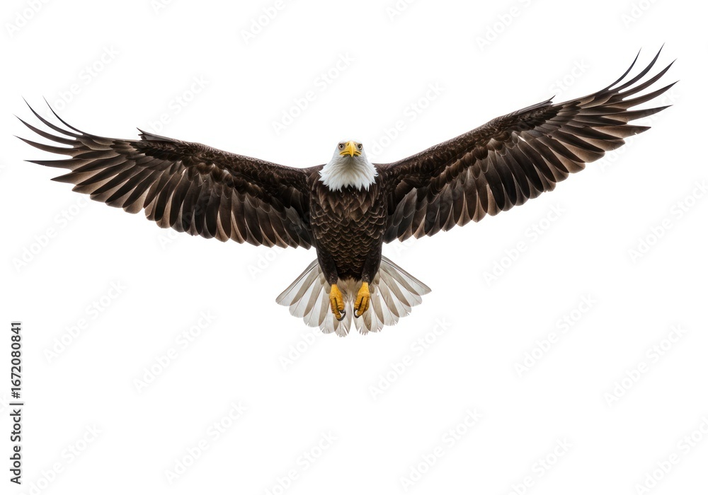 Obraz premium Bald Eagle Soaring with Wings Fully Extended in Flight Against White Background