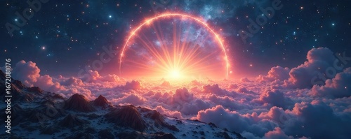 A celestial border of shimmering light surrounds a sacred space, signifying a divine boundary between worlds The ethereal glow emanates a sense of holiness and protection , faith, light, aura