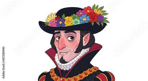 Cartoon Elegant Dracula Character with Flowers on Hat Illustration Artwork