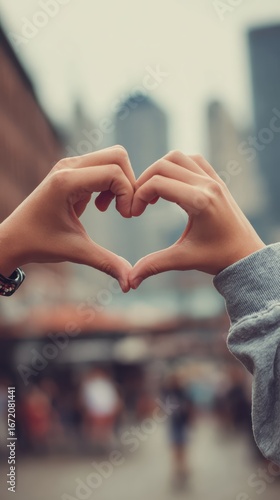 Heart-shaped gesture of love and connection between couple's hands symbolizing romance unity and affection in an outdoor city setting