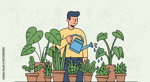 Flat Illustration Man Watering Potted Plants Gardening Lifestyle Detailed Art