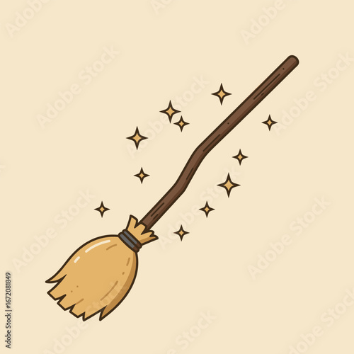 ector witch broomstick with rough straw bristles and sparkles on an orange Halloween-themed background. A whimsical and fun magical element.