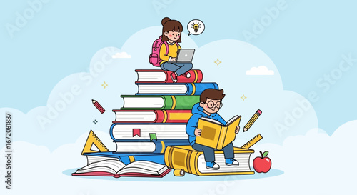 Handdrawn Style Cartoon Student Studying on Stack of Books Illustration