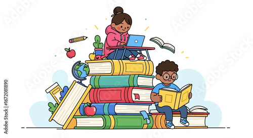 Cute Handdrawn Students Learning on a Stack of Books Illustration