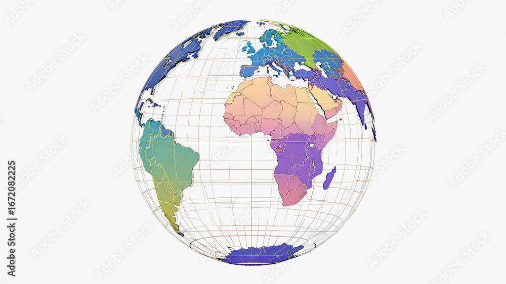Naklejka premium World Globe with Color Coded Continents Isolated on White Background