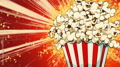Fresh and Fluffy Popcorn in a Striped Bucket with a Burst of Colorful Explosion Background Ideal for Movie Nights and Snack Themes