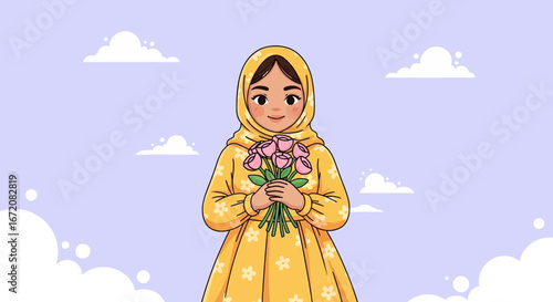 Cartoon Style Cheerful Muslim Girl Holding Rose Bouquet Illustration Graphic