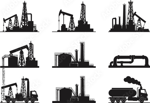 Oil industry silhouette, drilling rig, pump jack, refinery plant, fuel truck, pipeline system, petroleum factory, energy production, industrial illustration