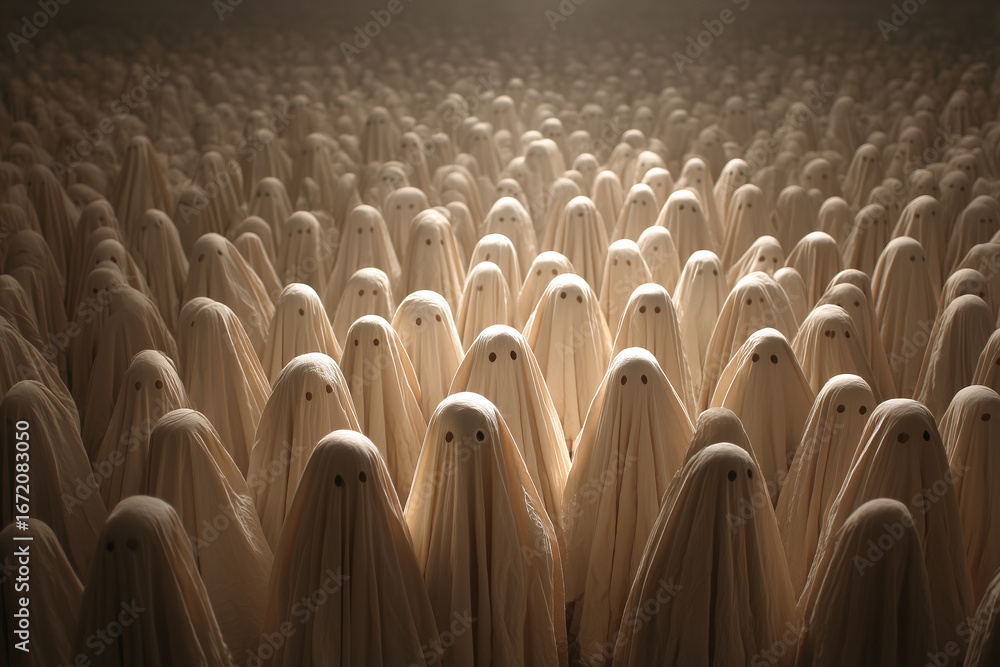 Obraz premium Crowd of ghost figures in cream-colored fabric with knitted texture and dark eye holes creating spooky Halloween atmosphere at night.