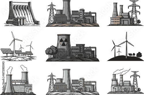 Energy plant silhouette, nuclear power station, hydroelectric dam, wind turbines, solar panels, factory chimneys, electricity industry, renewable energy illustration