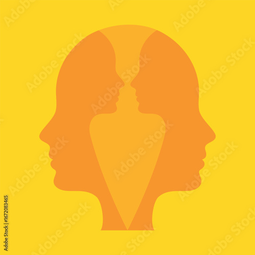 Human head silhouette with multiple faces symbolizing split personality, psychology, psychiatry, dissociation, mental disorder, healthcare, therapy and psychological treatment illustration