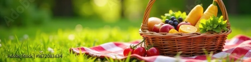 A charming basket overflowing with delicious food and a checkered blanket, perfect for a romantic outdoor meal Ready for a sunny day's adventure!, fruit, fresh