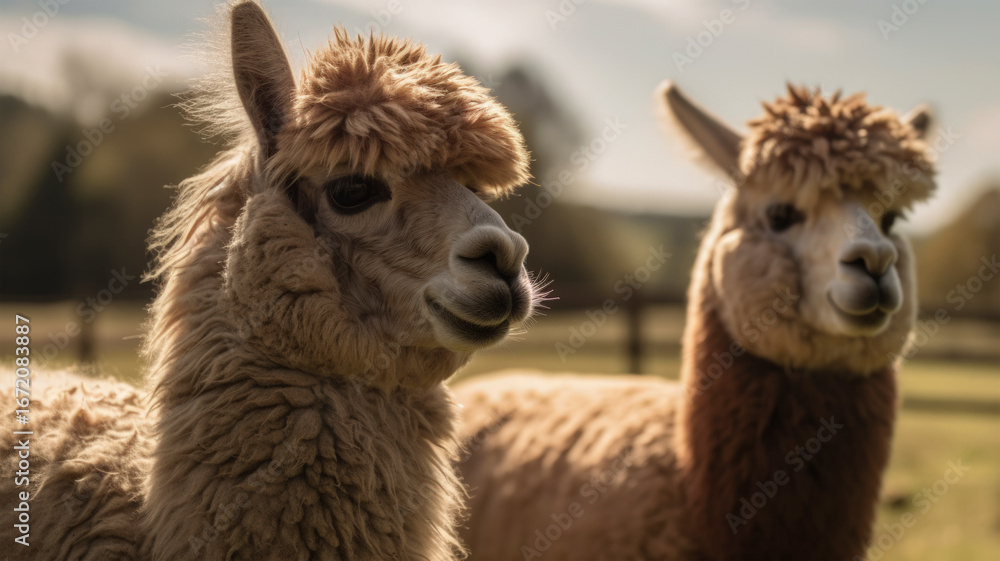 Obraz premium Close-up of two adorable alpacas with fluffy fur and expressive faces