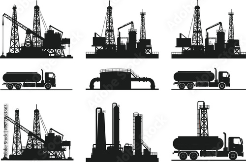 Oil industry silhouette, refinery plant, drilling rig, pump jack, oil truck, petroleum factory, energy production, fuel storage, industrial illustration