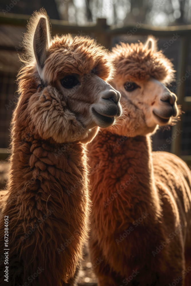 Obraz premium Close-up of two adorable alpacas with fluffy fur and expressive faces