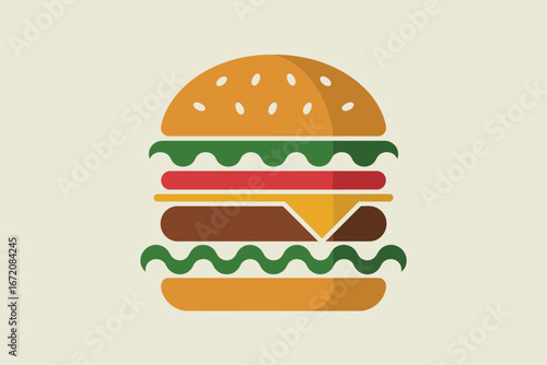 A stylized hamburger illustration with layers of ingredients on a cream colored background design icon