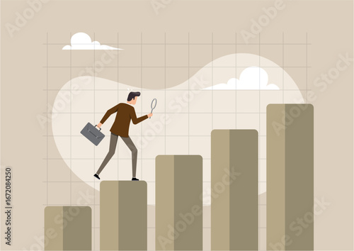 A confident businessman in a brown suit walks up a rising bar graph