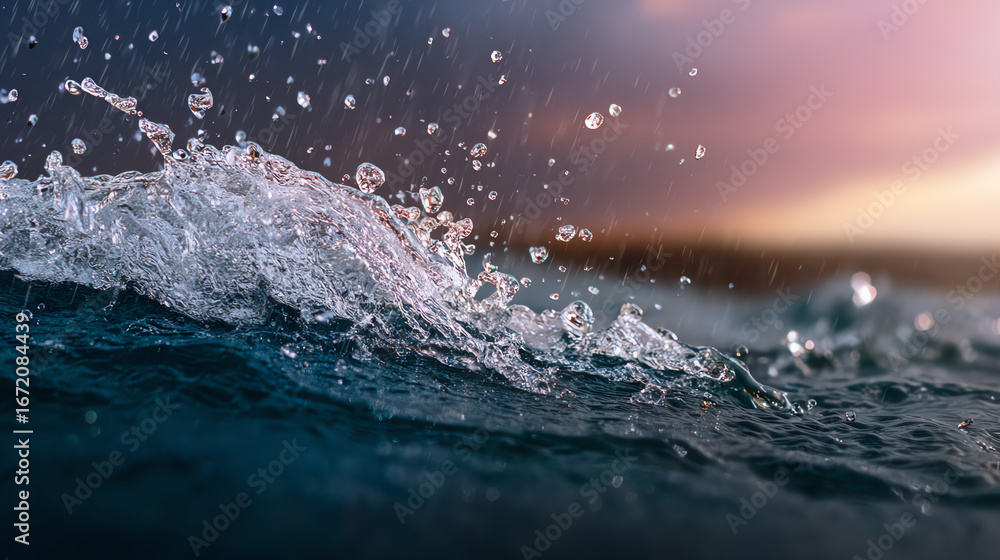 Obraz premium Close-up view of vibrant water droplets splashing in sunlight, showcasing the beauty and power of nature in a serene atmosphere.