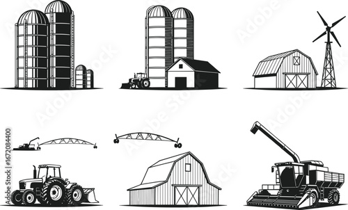 Farm buildings silhouette, barn, silo, tractor, windmill, combine harvester, irrigation system, agriculture machinery, rural landscape, farming equipment illustration