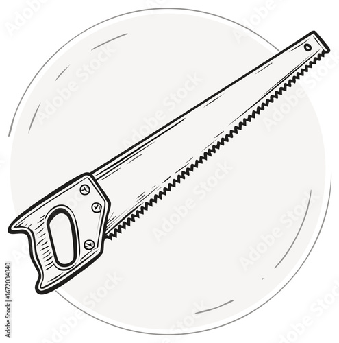 Black and white sketch of a classic hand saw tool for woodworking and carpentry