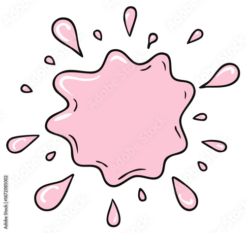 Playful hand drawn pink slime splat bursting with shiny liquid droplets