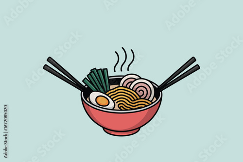 A steaming bowl of ramen with noodles egg scallions and narutomaki served with chopsticks on light blue