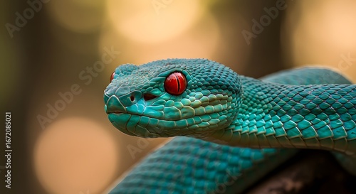 Blue viper with glowing red eyes perched on a branch against a dark blurred background