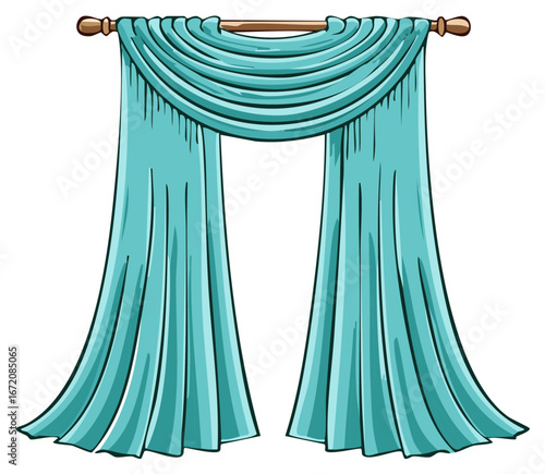 Cartoon turquoise curtains and decorative wood rod illustration