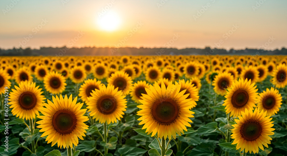 Obraz premium A vibrant and lush sunflower field at sunset