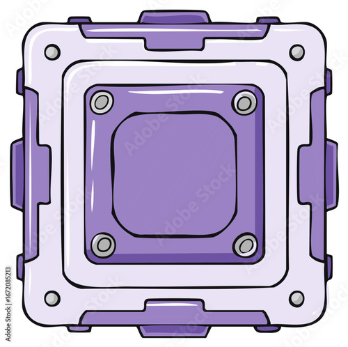 Cartoon purple square device with screen and buttons retro technology futuristic illustration