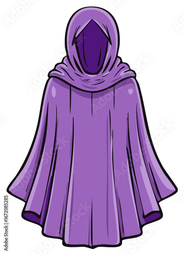Cartoon illustration of purple hooded cloak with stylized shadows.