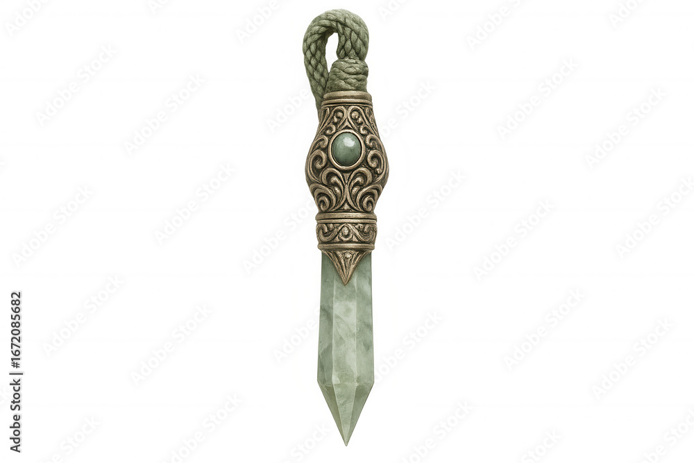 Fototapeta premium Green crystal pendant hanging from a braided cord, adorned with gold decorations, isolated on a transparent background