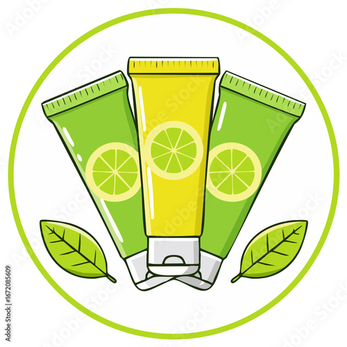 Lemon Infused Skincare Products in Green and Yellow Tubes with Leaves