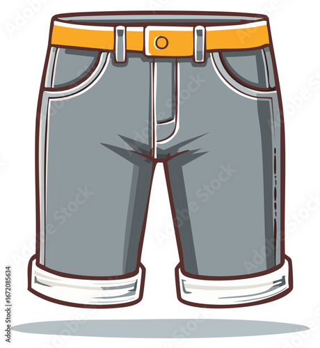 Casual gray denim shorts with yellow belt and rolled cuffs vector illustration