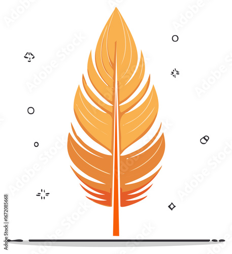 Stylized orange feather graphic with black decorative details and base shadow creating an ethereal and floating impression.