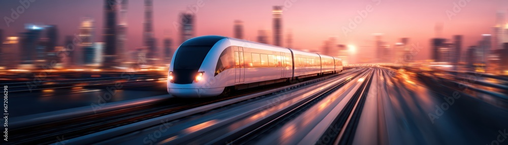 Naklejka premium A sleek train travels swiftly along elevated tracks, illuminated by city lights at dusk, showcasing a blend of modern transportation and urban landscape.