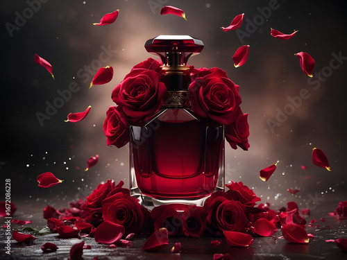 Elegant Perfume Bottle with Red Rose and Petals Decorated on Black Fabric Background