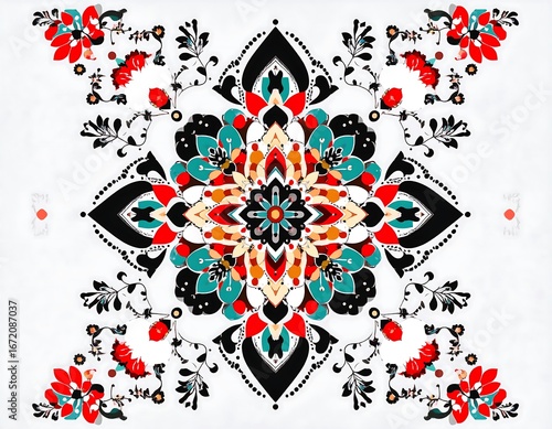 Symmetrical floral mandala with red, teal, orange, and black details on a white background