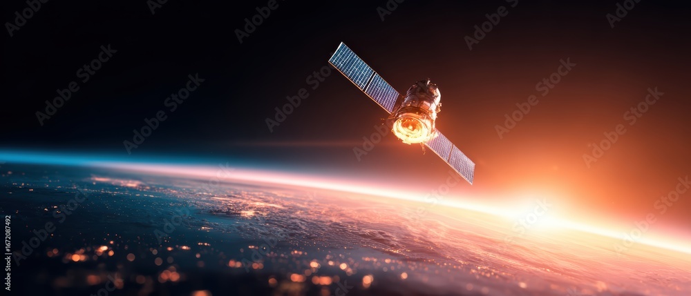 Obraz premium A satellite orbits Earth, capturing a beautiful sunrise over the planet's surface, highlighting the connection between technology and the cosmos.