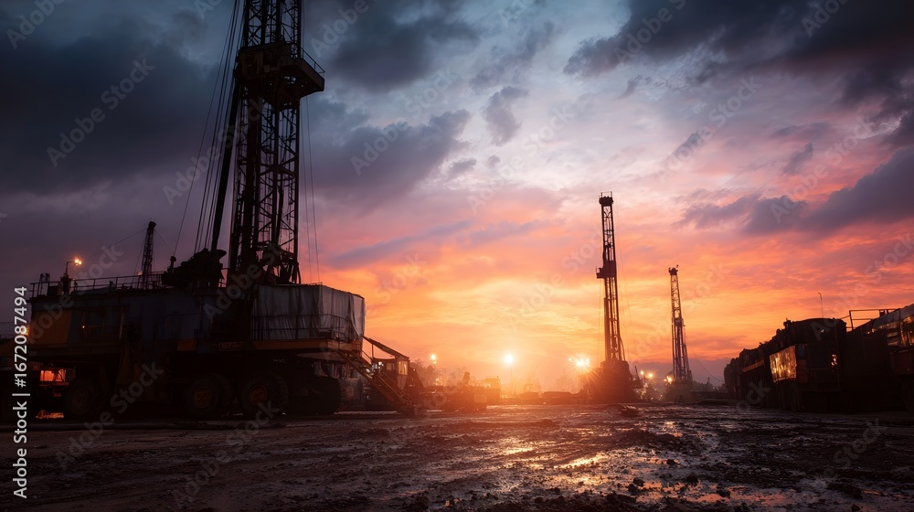 Obraz premium Dramatic sunset over an active oil drilling site with heavy hinery