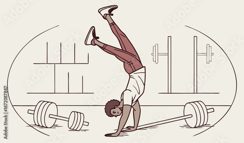 Fitness enthusiast showcasing impressive strength and balance while executing handstand. Physical fitness and agility concept