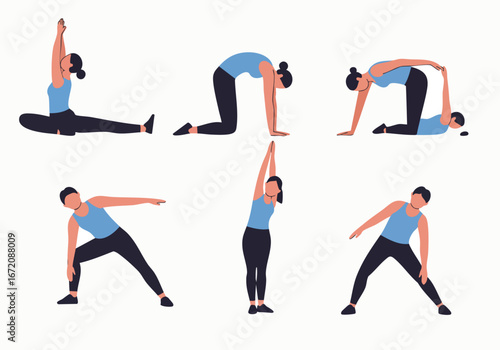 Diverse Yoga and Exercise Poses Collection in Flat Design, illustrating women practicing various stretches and movements for fitness, flexibility, and a healthy lifestyle.