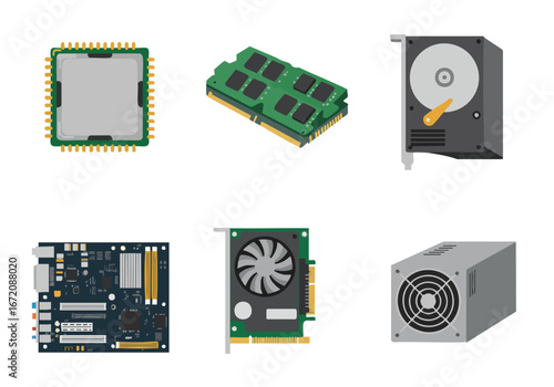 Essential computer hardware components including CPU, RAM, HDD, motherboard, GPU, and power supply on a white background, representing PC technology.