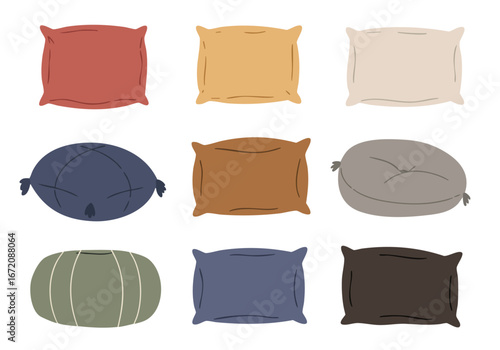 Colorful Flat Design Pillow and Cushion Collection: A variety of cozy, hand-drawn textile elements for home decor, isolated on white.