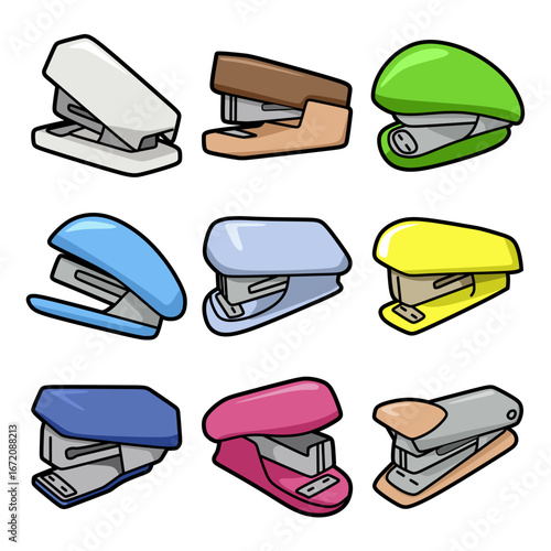 Set of colorful cartoon staplers isolated on white background