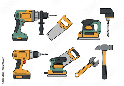 Diverse collection of common power and hand tools for construction, DIY, and home improvement projects, presented in a clean, flat illustration style.