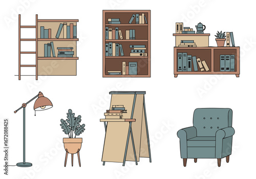 A collection of outlined interior furniture and decor items, including bookshelves with books, a lamp, plant, easel, and armchair, illustrating a cozy reading or study space.