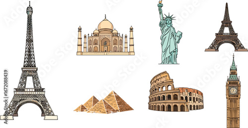Famous world landmarks silhouette, Eiffel Tower, Taj Mahal, Statue of Liberty, Pyramids, Colosseum, Big Ben, travel architecture illustration