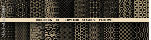 Geometric set of seamless black and golden patterns. Simple vector graphics