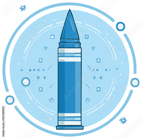 Blue missile in circle with geometric details on a light blue background